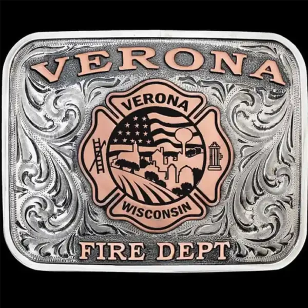 "Our Sunstone Belt Buckle is a design dedicated to craftsmanship and tradition, hand-engraved on a German Silver base. It features Copper lettering and a custom logo with intricate details highlighting the logo.  Personailze this buckle with your own